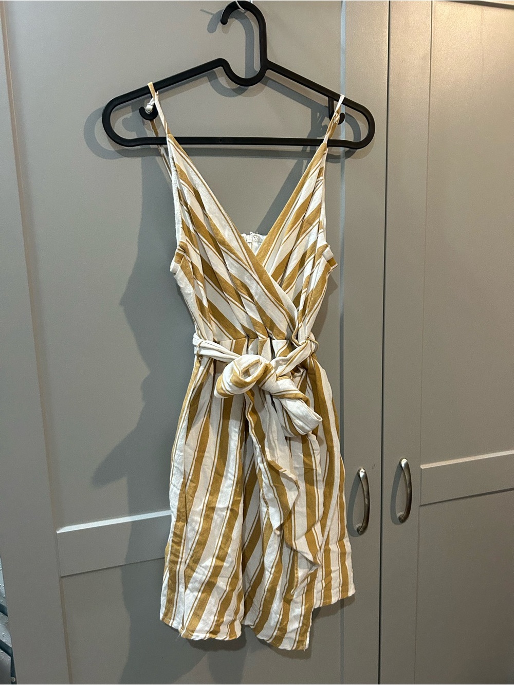 essue Mustard and White Striped Wrap Mini Dress
